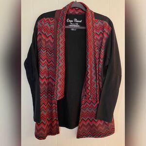 Onque Sweater Women’s Medium Red Black Asymmetrical Southwestern Cardigan Open